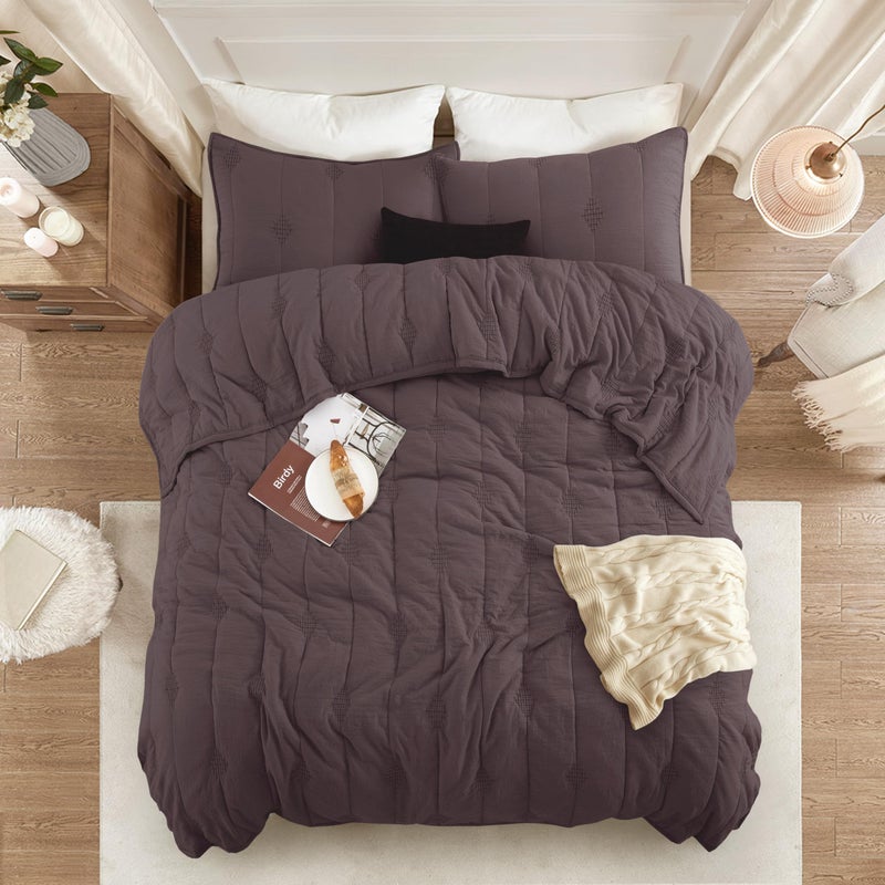 ANNA.Z HOME King Quilt Set, Lightweight Bedding Set, Washed Soft Fabric, Brown, Boho Embroidered Coverlet, All-Season, Machine Washable, 3-Piece Set, 1 Quilt + 2 Shams (Iron, King Set) - Image 1